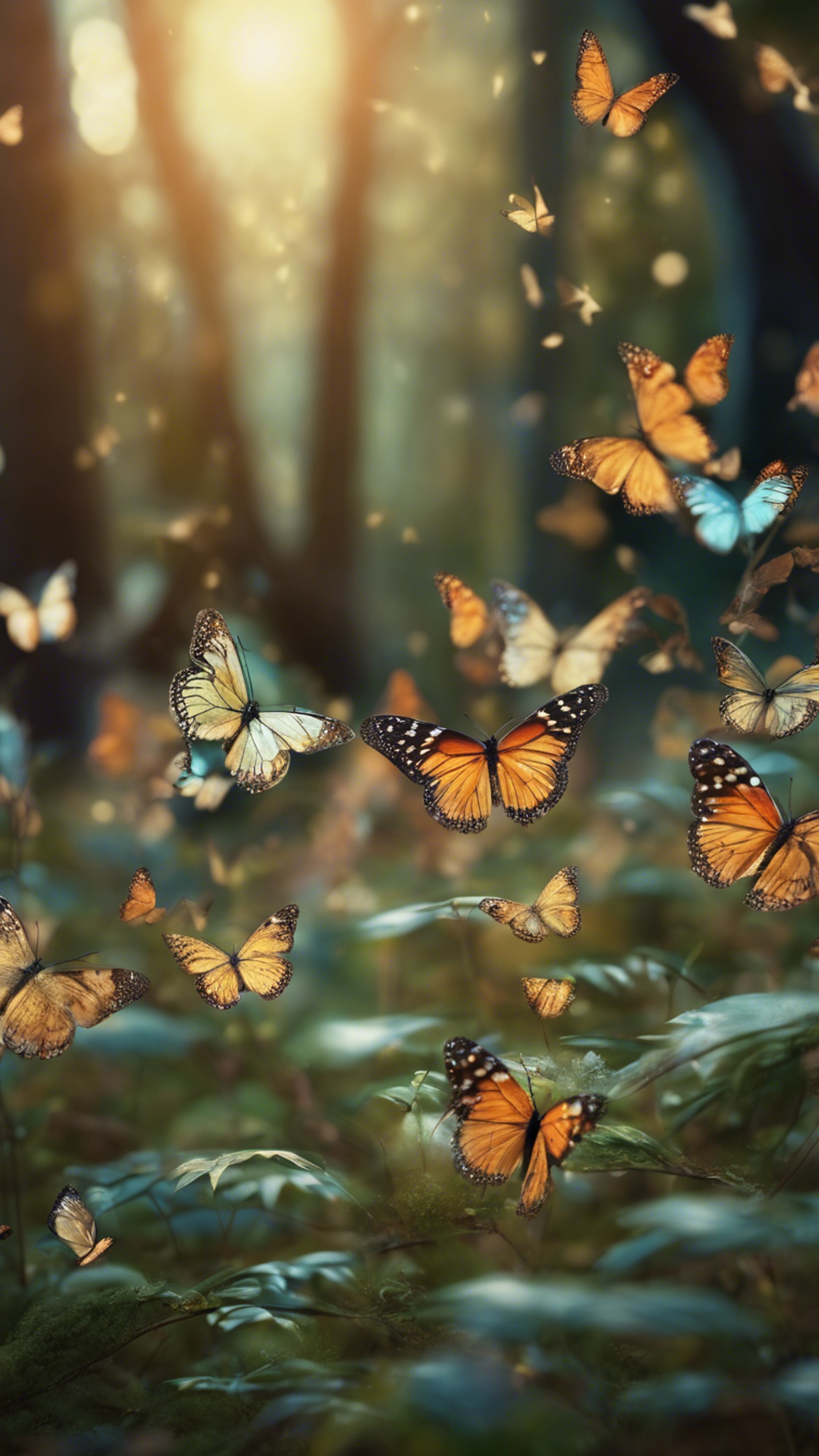 An ancient forest filled with thousands of fluttering butterflies, as envisioned in a dream. Wallpaper[81dfb28e918b4e2785cf]