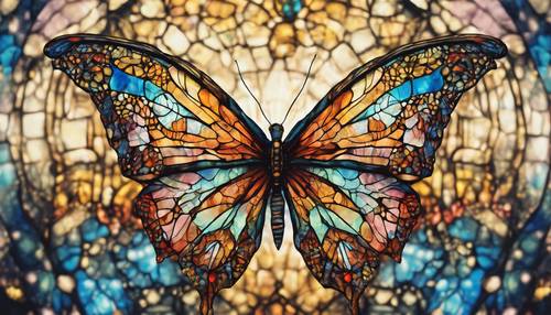 Ein surrealistisches Gemälde eines Schmetterlings mit Flügeln im Muster von Buntglasfenstern.