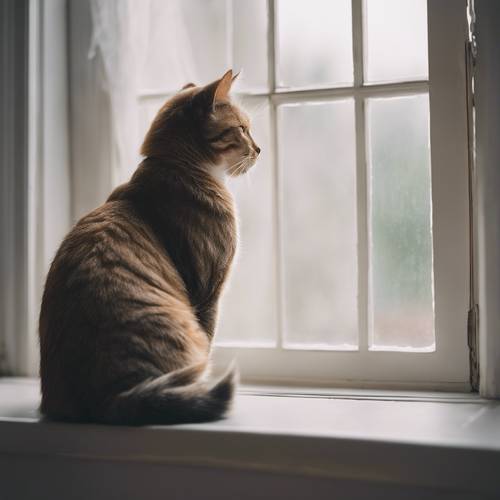 Un gato elegante recostado elegantemente en el alféizar de una ventana blanca, contemplando una mañana tranquila y brumosa.