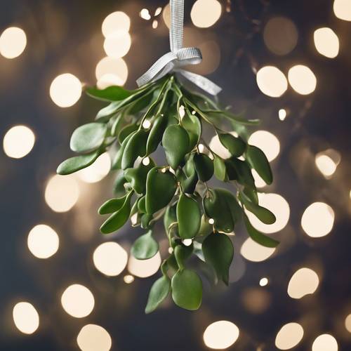 Tampilan dekat seikat mistletoe yang diikat dengan pita putih, tergantung di langit-langit, di bawah kilauan cahaya Natal yang lembut.