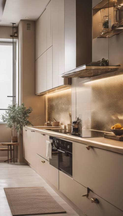 Una cocina moderna de líneas limpias, decorada con buen gusto en tonos beige y dorado.