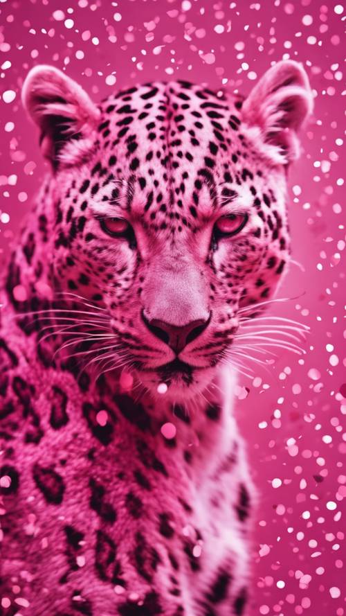 Bintik-bintik macan tutul berwarna merah muda tua tersebar di kanvas berwarna merah muda terang.