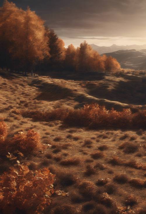 Representación artística de un extenso paisaje a cuadros marrones y negros durante la temporada de otoño.