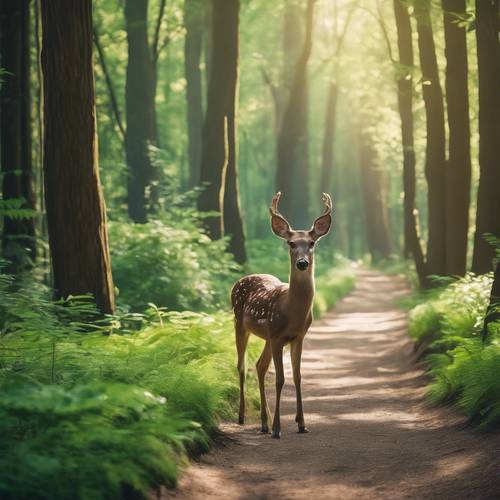 A quaint, verdant forest path shaded by towering trees, along which cute deer prance about.