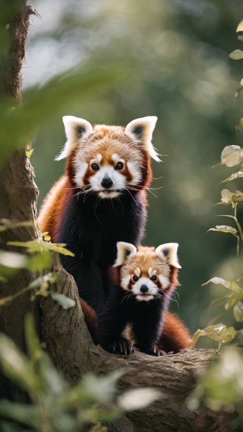 Un cucciolo di panda rosso che sbircia con curiosità da dietro la madre.