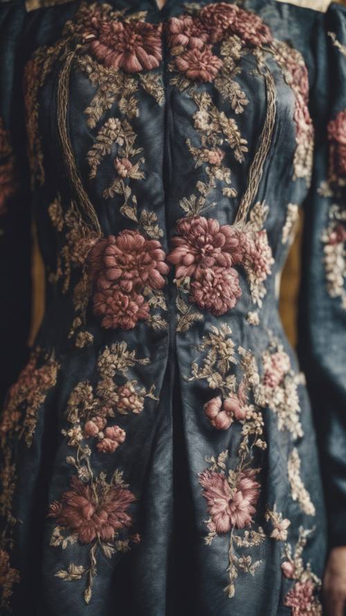 Gambar polaroid dari sulaman pola bunga gelap pada gaun Victoria vintage.