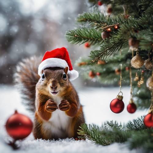 A funny scene of a brown squirrel wearing Santa's hat, stealing nuts from a Christmas tree.