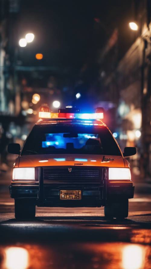 A police car parked with its warning lights on in the middle of the night