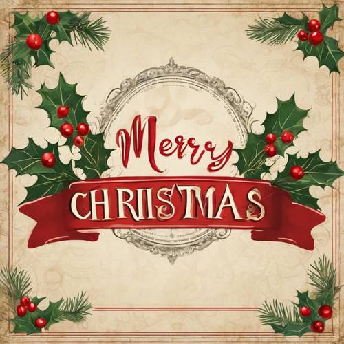 Selamat Natal digambar dengan tipografi vintage, dikelilingi motif liburan bergaya retro termasuk holly, lonceng, dan pita merah.