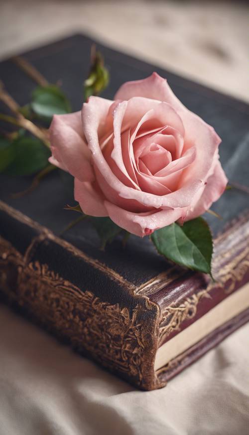 Une délicate rose rose posée sur un livre vintage relié en cuir.