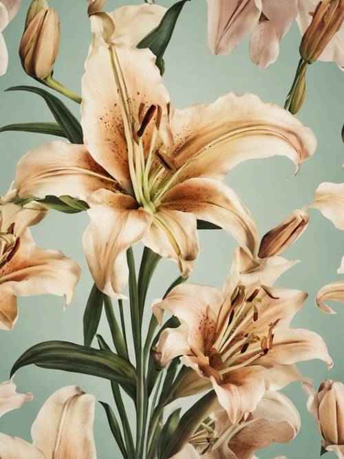 Wallpaper bunga klasik dengan motif bunga lili vintage dalam warna yang tersebar.