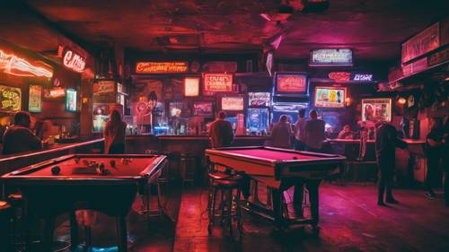 A dive bar filled with neon signs, pool tables and patrons enjoying their drinks. Tapeta [8d62231058a144a7a6f0]