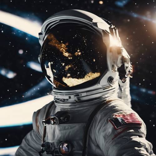 Um astronauta flutuando no abismo negro do espaço, traje refletindo a luz das estrelas.