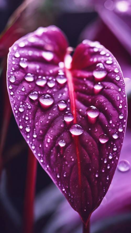 Pandangan dari dekat pada tetesan embun yang berkilauan pada Anthurium ungu di surga tropis.