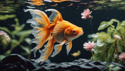 Ornate goldfish swimming gracefully in the fathomless depths of a black garden pond.