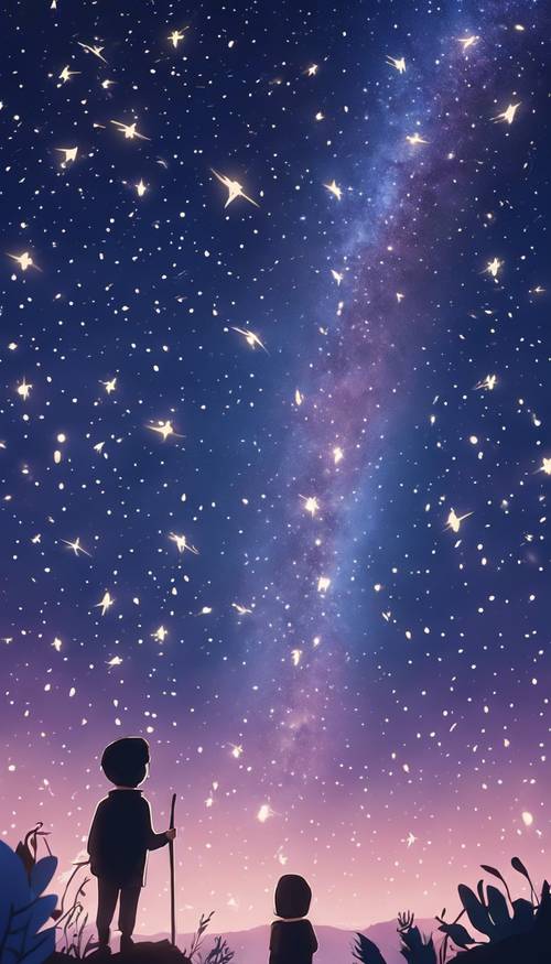 Sevimli, kawaii tarzı kayan yıldızların yer aldığı yıldızlı bir gece gökyüzü