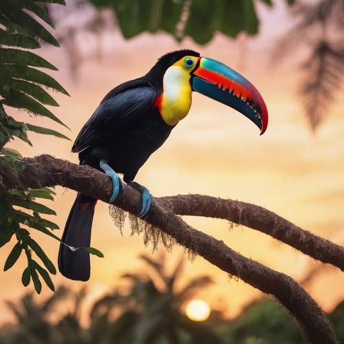 A toucan perched on a gnarled branch in the radiant glow of the rainforest sunset.