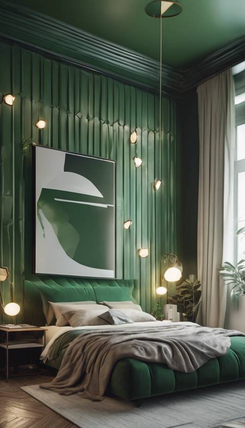חדר שינה ירוק נעים ומסוגנן עם אלמנטים עיצוביים מודרניים כמו דוגמאות גיאומטריות.
