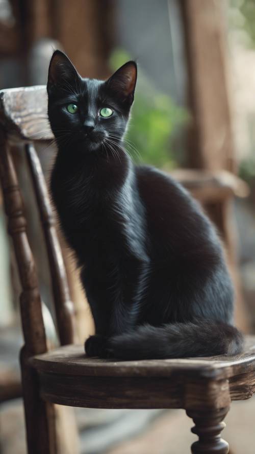 A young ebony black kitten with striking green eyes sitting on an antique wooden chair adjusting her gaze towards left.