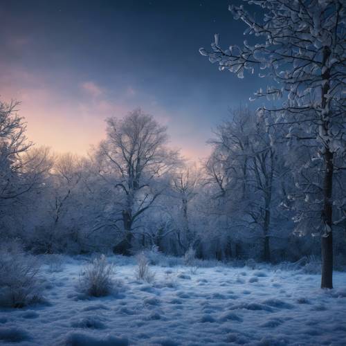 Scène hivernale glaciale avec un ciel crépusculaire bleu foncé