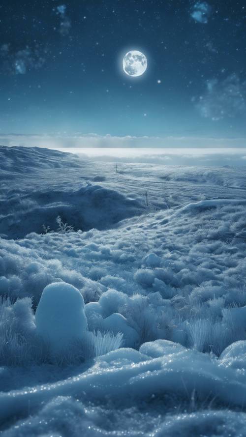 Serin ay ışığı altında parıldayan buz mavisi bir ovanın panoraması.