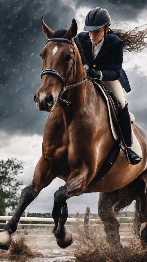 一幅如画般的画面：自信的骑手骑着一匹黑色纯种马，背景中雷雨即将来临