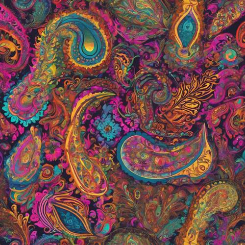 Um impressionante padrão paisley psicodélico com cores neon ondulantes, uma reminiscência das vibrações dos anos 60.