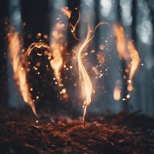Ein magisches, ätherisches, tanzendes Flammenwesen, das durch einen dunklen Wald huscht und eine Spur glitzernder Glut hinterlässt.