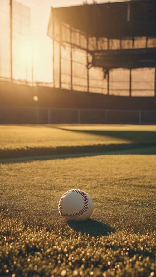 Um campo de beisebol bem cuidado, banhado pelos raios dourados do sol poente.