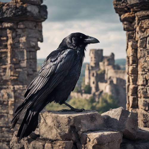 A lone, raven perched on the crumbling ruins of a gothic castle. Tapet [d1a54af20f5644aca12f]