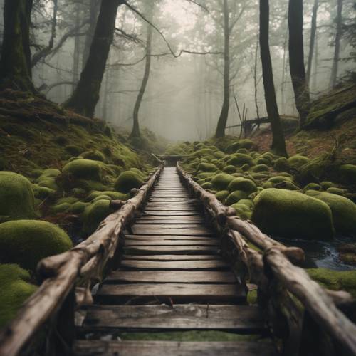 Eine schmale Holzbrücke überquert einen sprudelnden Bach in einem nebligen, moosbedeckten Wald.