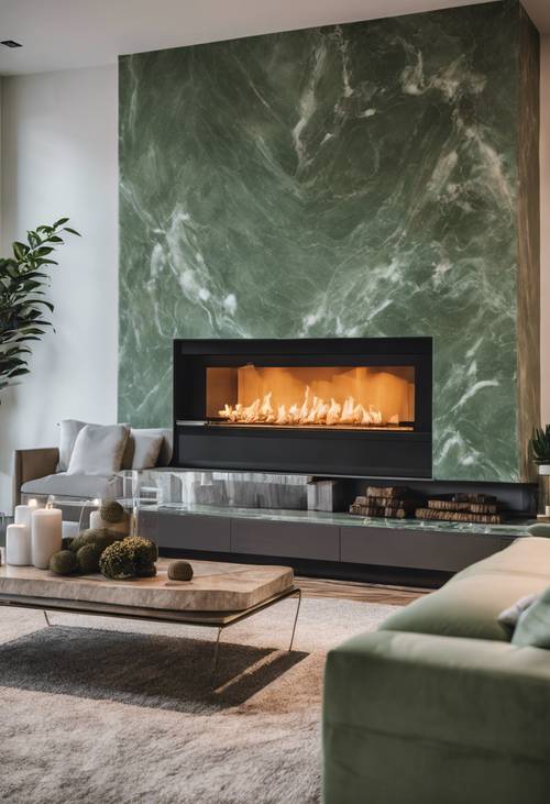 Un caminetto contemporaneo realizzato in marmo verde salvia lucido presente in una stanza dall&#39;arredamento minimalista, fuoco caldo e luminoso.