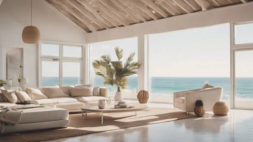 Современный пляжный домик в стиле минимализма, белые стены, бежевая мебель и потрясающий вид на океан.
