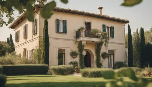 An elegant beige stucco villa surrounded by a green manicured garden in the Italian countryside.