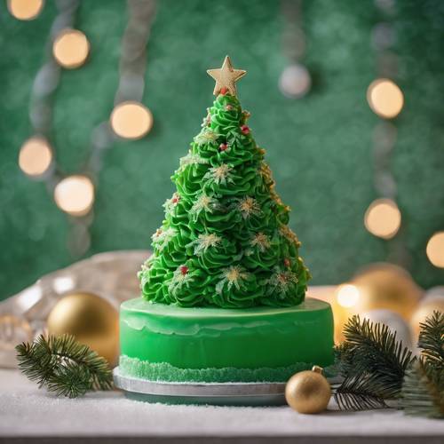 Árvore de Natal de fondant verde em cima de um bolo festivo.