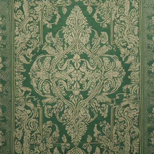 Um tapete tecido à mão com intrincados padrões de damasco verde-sálvia.