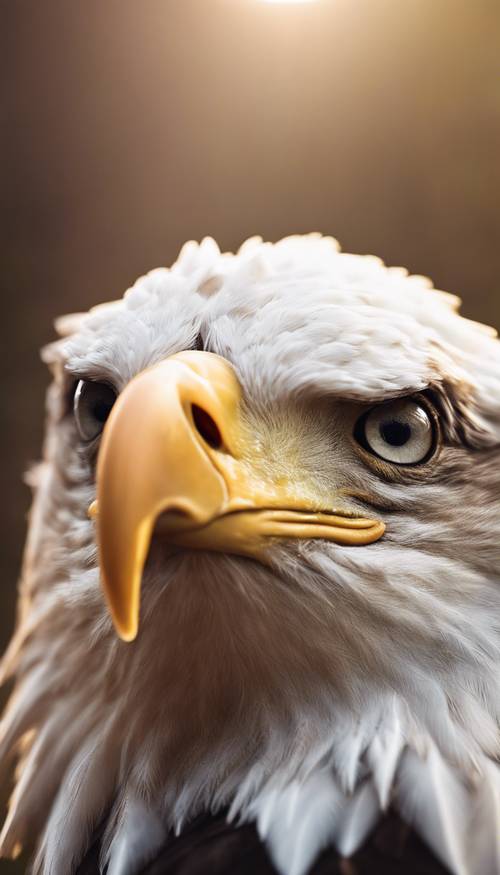 A close-up of a bald eagle, its white head shining in the morning sun.