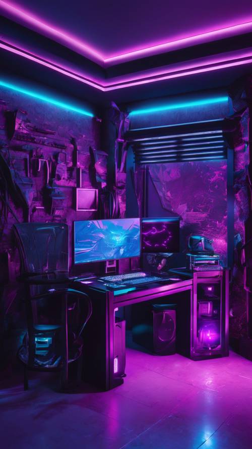 Una sala de juegos minimalista iluminada por luces LED azules y violetas, que se reflejan en un elegante escritorio de juegos negro.