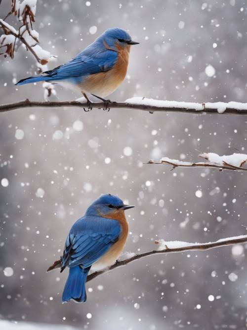 Ein Paar blaue Vögel, die an einem verschneiten Wintermorgen ein melodisches Lied singen