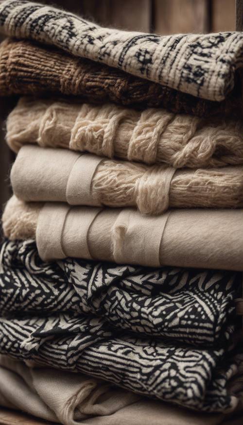 Một chồng khăn len cashmere có hoa văn màu be và đen trên một chiếc kệ mộc mạc.