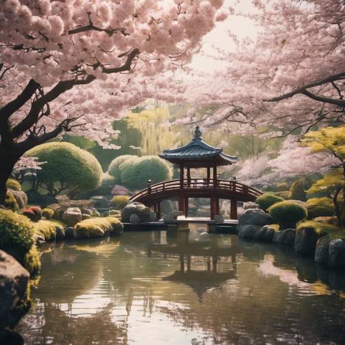 A serene Japanese garden with a pond, surrounded by cherry blossoms in full bloom.