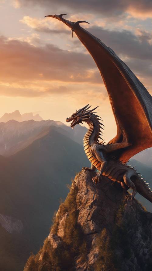 A majestic dragon soaring over a mountain range at sunset Tapet [68211d6391b84135a7b6]
