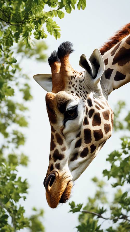 A perfectly framed image of a giraffe munching on bright green leaves from a treetop.