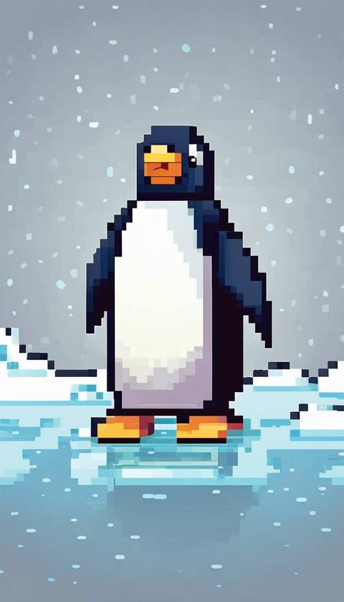 Яркое пиксельное изображение милого пухлого пингвина, скользящего на брюхе по морозному льду.