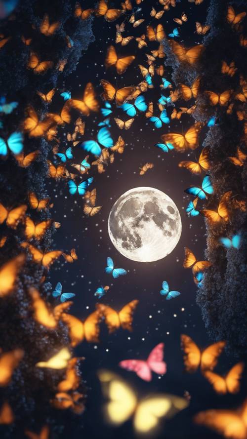 고요한 자정에 빛나는 보름달 주위를 펄럭이는 다양한 색상의 수천 개의 발광 나비가 있는 동화의 한 장면입니다.