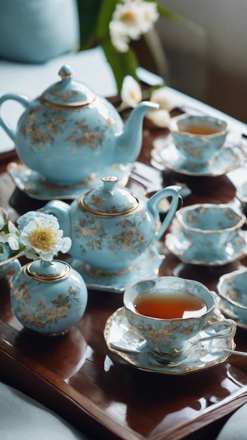 Jasnoniebieski zestaw do herbaty w kwiaty ułożony na mahoniowym stole.