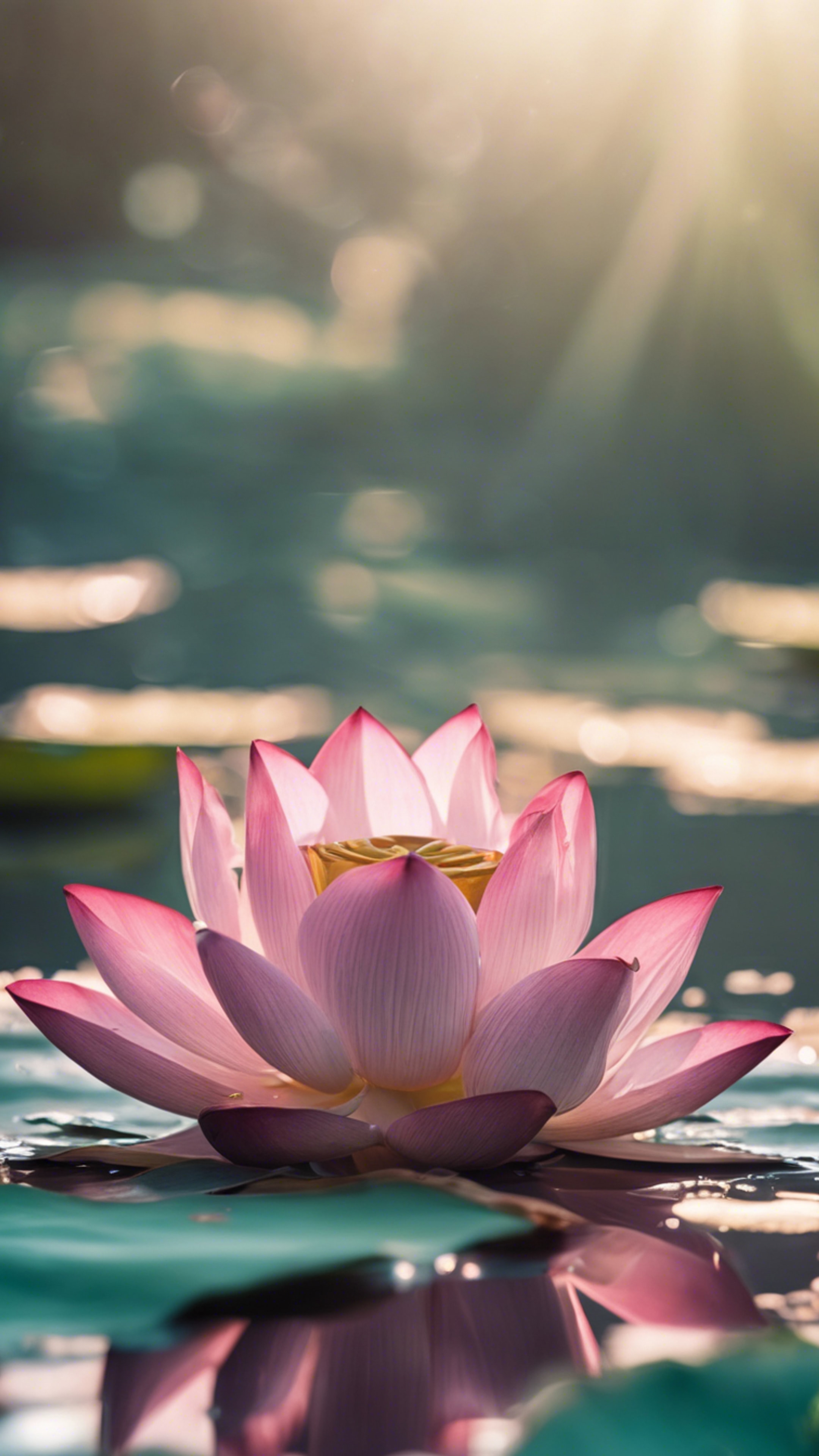 A close-up image of a single blooming lotus on a clear pond. Tapeet[056d411e4bd14d9f8d69]
