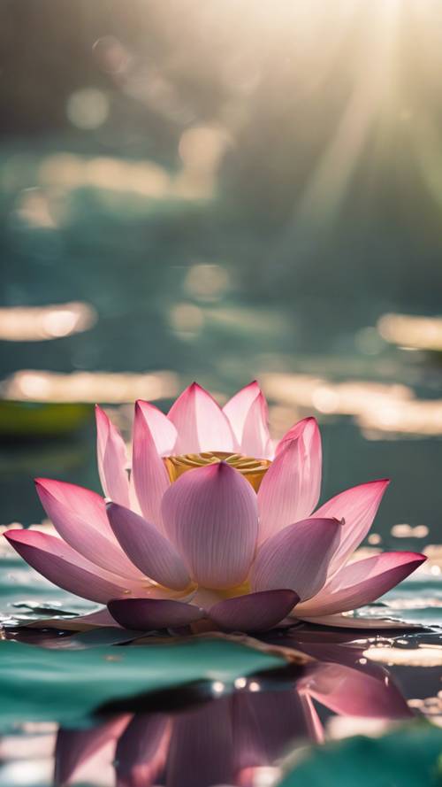 A close-up image of a single blooming lotus on a clear pond.