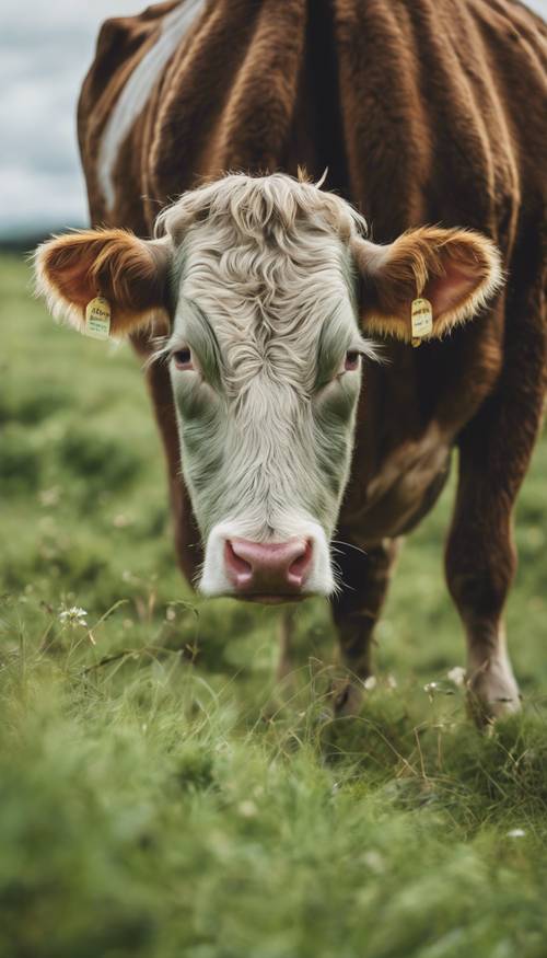若々しい緑の牛が静かに牧草地で草を食べている風景