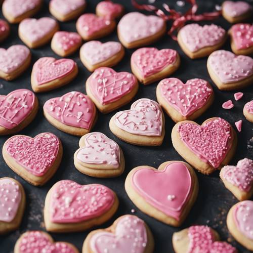 Uma imagem de biscoitos em formato de coração decorados com glacê rosa para o Dia dos Namorados.